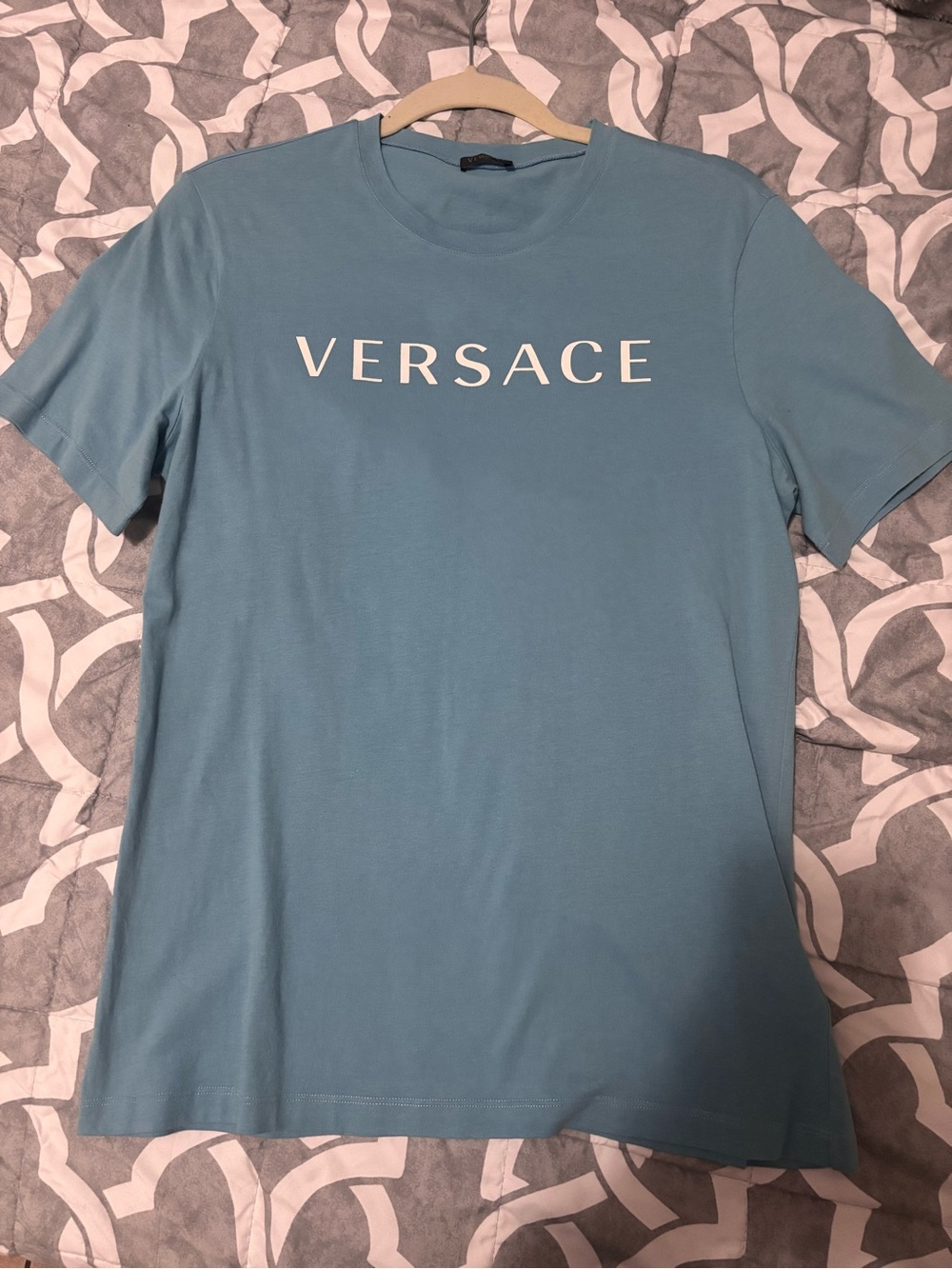 Versace Sky Blue Cotton Tee with Logo Detail